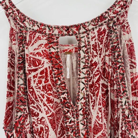 Free People Size Small Red & Gray Beaded Good Morning Cold Shoulder Tunic Top - Picture 7 of 11